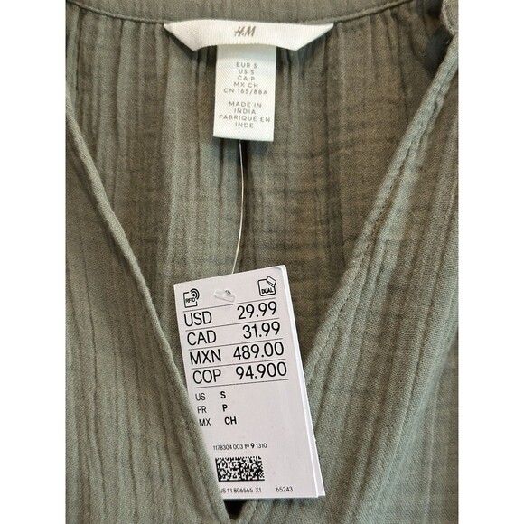 H&M NWT Muslin Dress 100% Cotton Khaki Green Gauzy Size Small Boho Beachy New - Picture 2 of 9